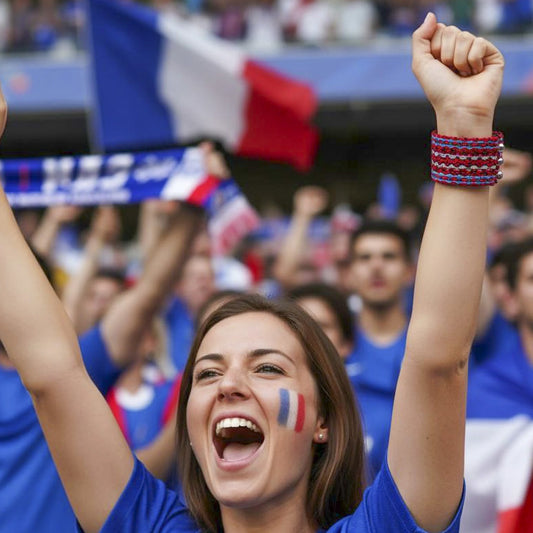 Bracelet tissé aux couleurs bleues, blanches et rouges. Mailles serrées.