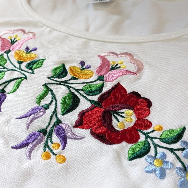 Gros plan de la broderie du T-shirt sur la poitrine , les couleurs rouges, bleues, roses et violettes agrémentées de la couleur vertes des feuilles délicates sont vives et magnifiques.