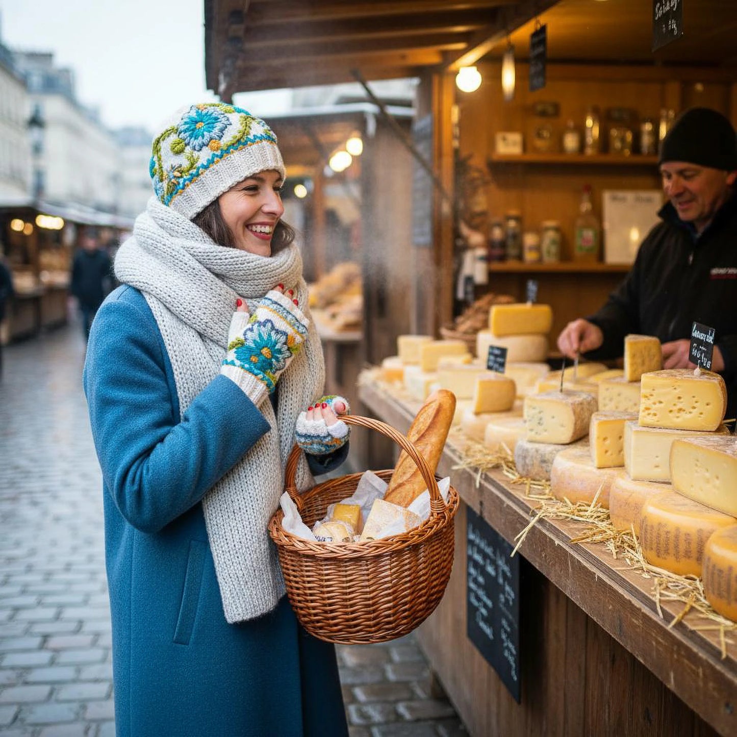 Bonnet et mitaines artisanaux tricotés main en blanc cassé. Le décor floral crocheté est bleu et turquoise.