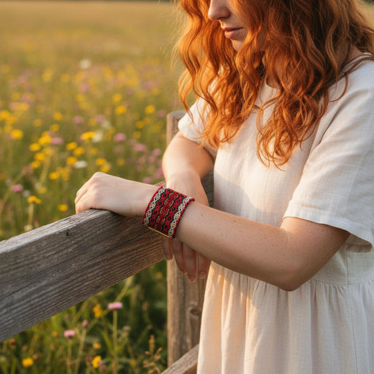 Vue en extérieur d'un bracelet tissé à dominante rouge aux formes géométriques traditionnelles.