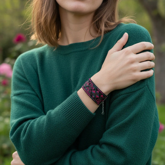 Bracelet rouge grenadine brodé main sur toile Panama noire, décoré de motifs traditionnels avec des touches vertes, présenté porté sur un modèle en extérieur