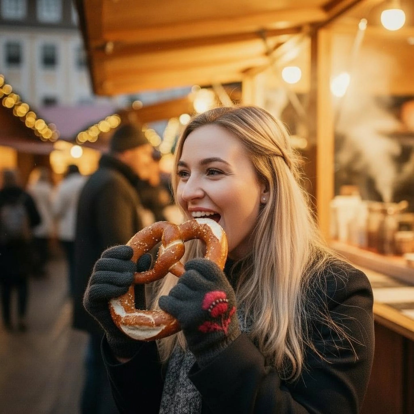 Gants noirs maille jersey, chardon pourpre stylisé crocheté appliqué sur la maille, vue en extérieur