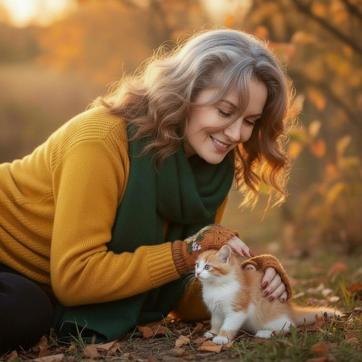 Mitaines artisanales “Meli mielo” portées en extérieur, tricot main et décor floral lumineux.