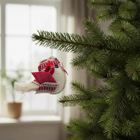 Décoration à suspendre en forme d'oiseau rouge en textile et rembourré. Vue dans un sapin.