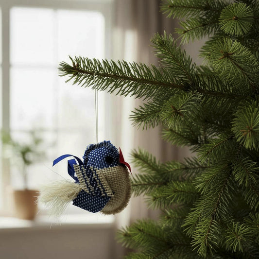 Oiseau bleu et écru à bec rouge en textile, entièrement fait main, suspendu dans un sapin