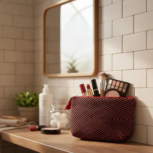 Trousse artisanale balkanique, tissage à chevrons noir et rouge, sur un plan de salle de bain avec miroirs et produits de beauté.