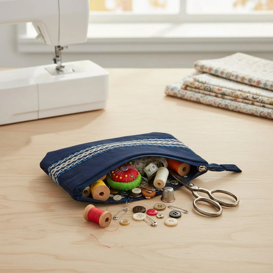Trousse bleue utilisée pour la mercerie, fil, aiguille et accessoires visibles