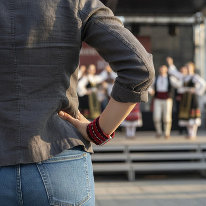 Vue d'un bracelet tissé à dominante rouge d'inspiration balkanique. Fermoir magnétique à glissière.