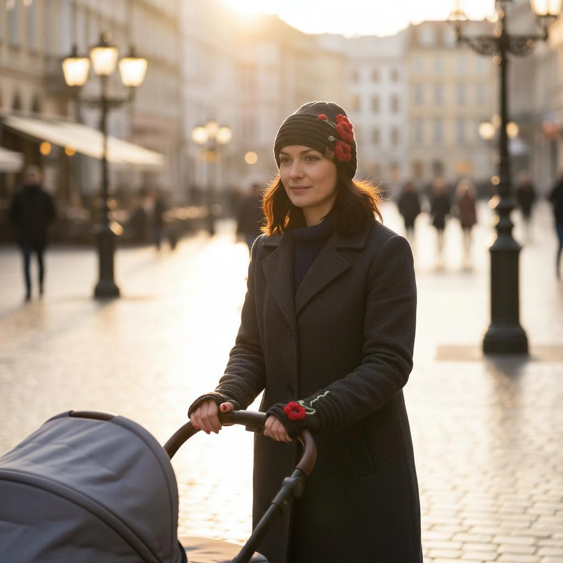 Vue en extérieur d'un ensemble bonnet et mitaines noir avec coquelicots crochetés et appliqués sur la maille noire. Motif floral rétro.