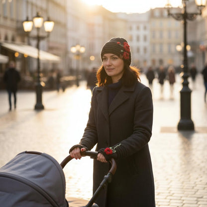 Vue en extérieur d'un ensemble bonnet et mitaines noir avec coquelicots crochetés et appliqués sur la maille noire. Motif floral rétro.