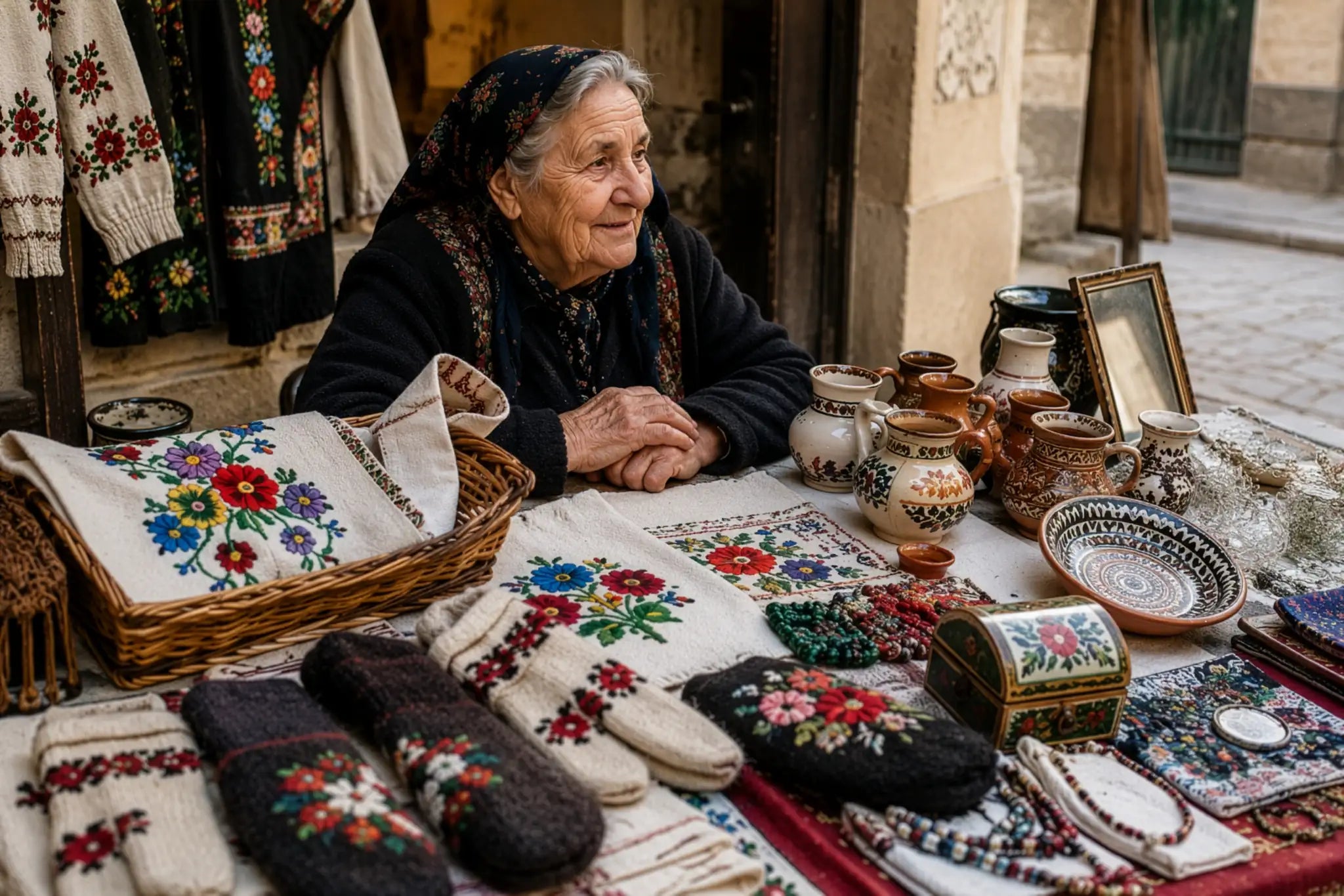 Stand tenu par une vieille femme qui vend sur un marché des objets de tradition balkanique