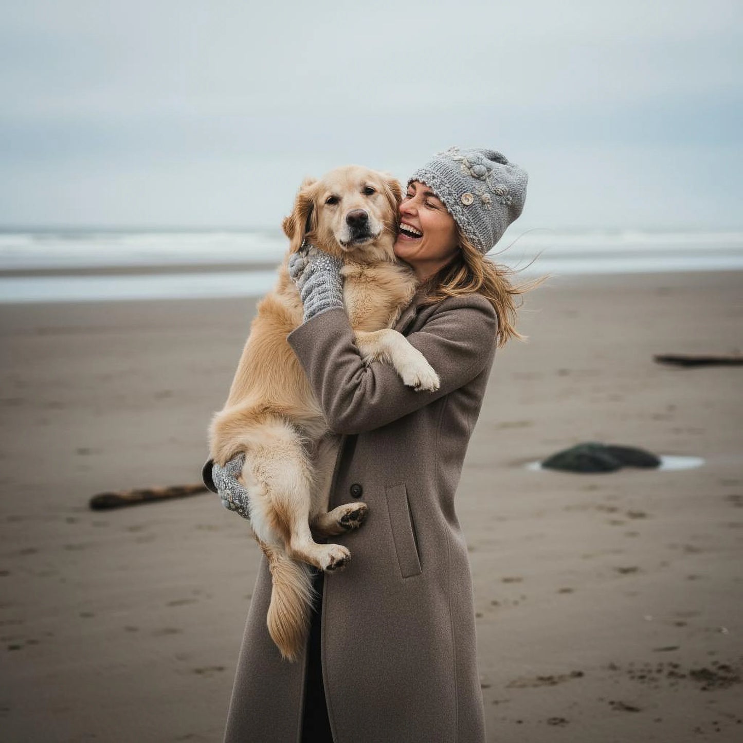 Mitaines grises faites main portées avec bonnet assorti, broderies florales beige-écru.