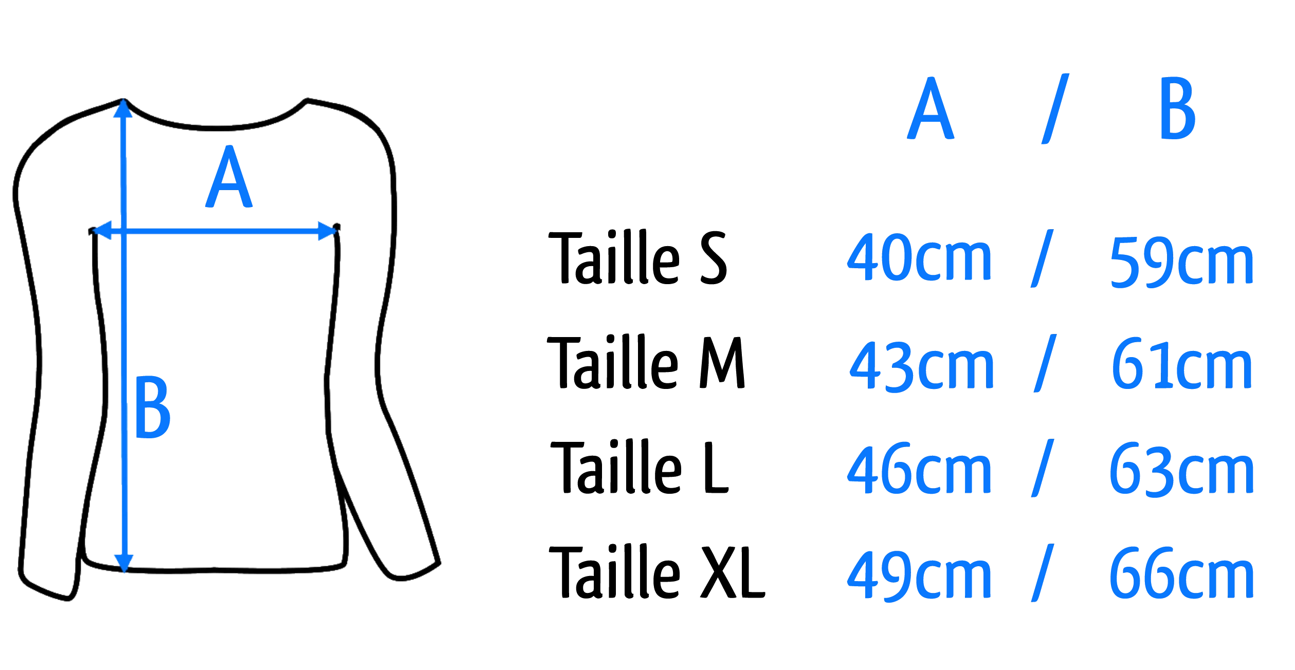Guide des tailles des T-Shirts à manches longues avec broderies populaires hongroises. Deux mesures à prendre en compte,sous les aisselles et la longueur.