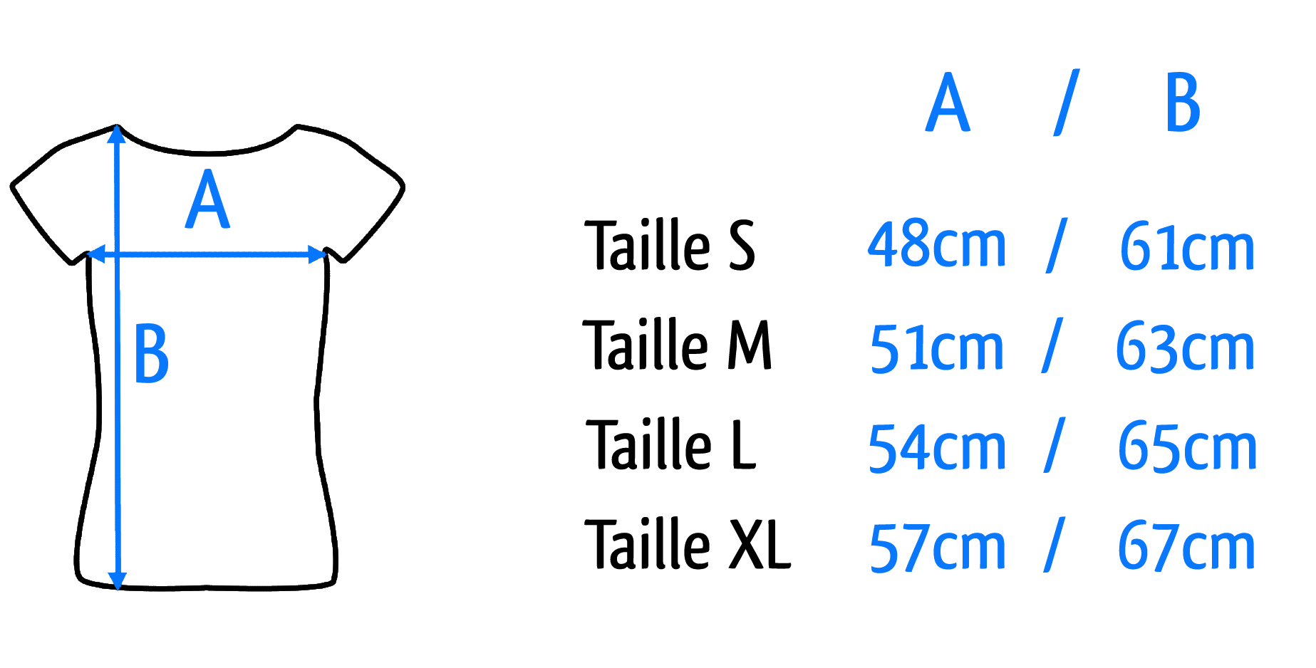 Guide des tailles des T-Shirts folk avec des broderies hongroises. Mesurer sous les aisselles et la longueur.