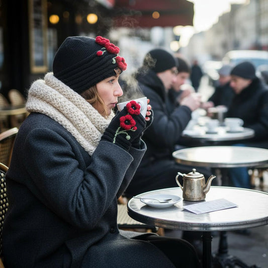 Bonnet et mitaines artisanaux, modèle “Charleston”, fleurs rouges crochetées sur maille noire, création textile faite main.