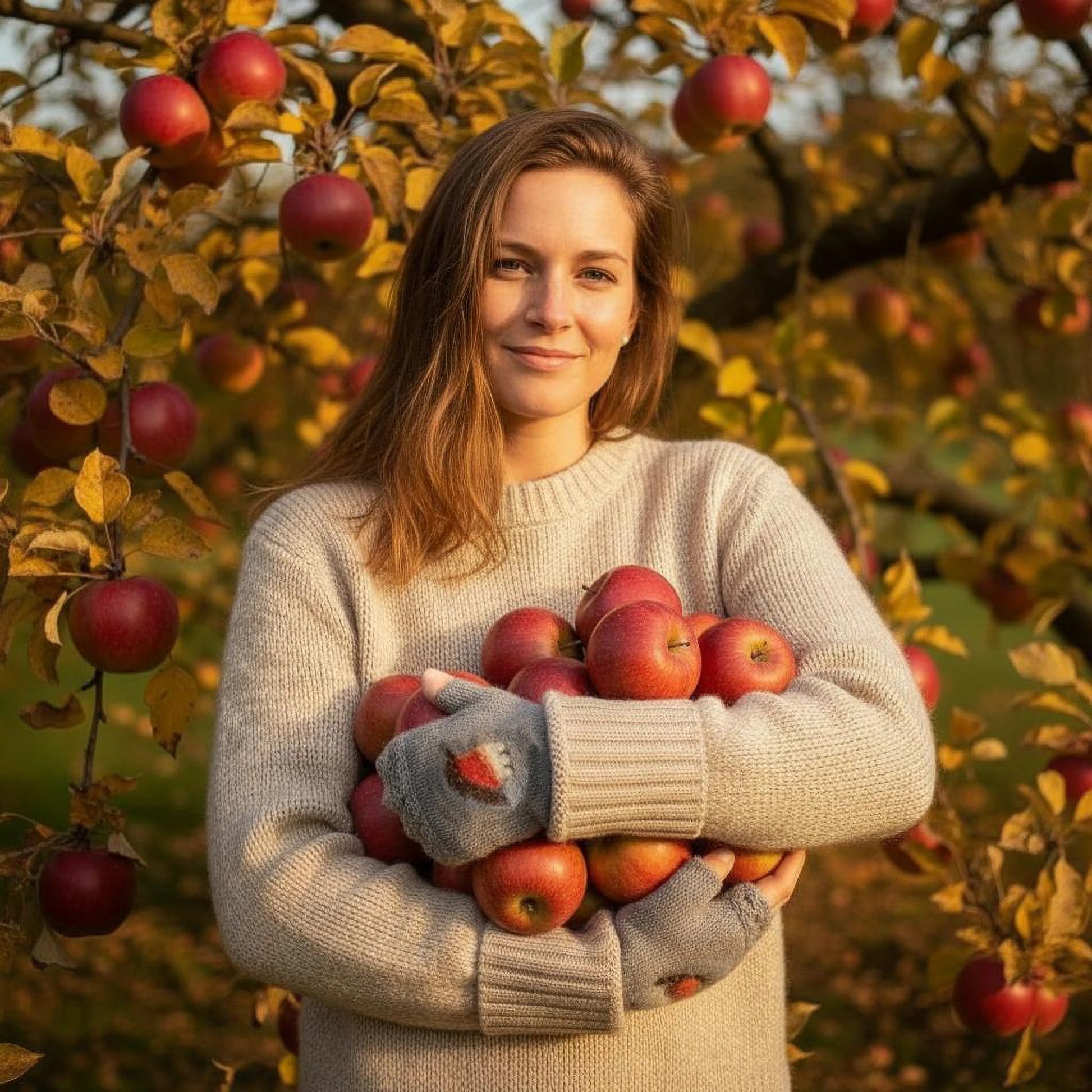 Mitaines grises festonnées ornées d'un magnifique rouge-gorge. Vue en extérieur.