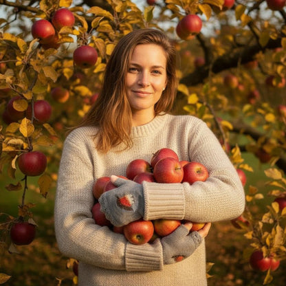 Mitaines grises festonnées ornées d'un magnifique rouge-gorge. Vue en extérieur.
