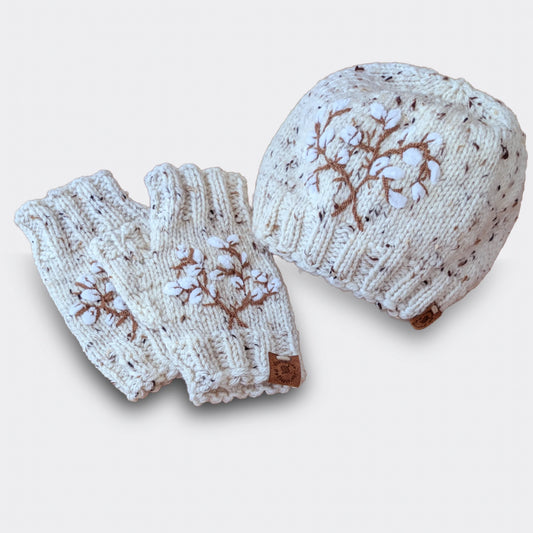 Ensemble “Fleur de coton” - Bonnet et mitaines écrus mouchetés