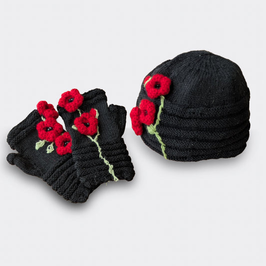 Ensemble "Charleston" - Coquelicots rouges sur fond noir