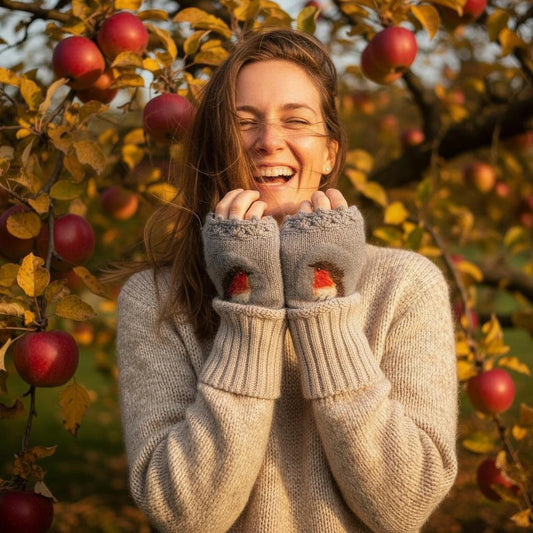 Vue en extérieur des mitaines “Red Star”, tricot gris et rouge-gorge en feutre, festons supérieurs et inférieurs.
