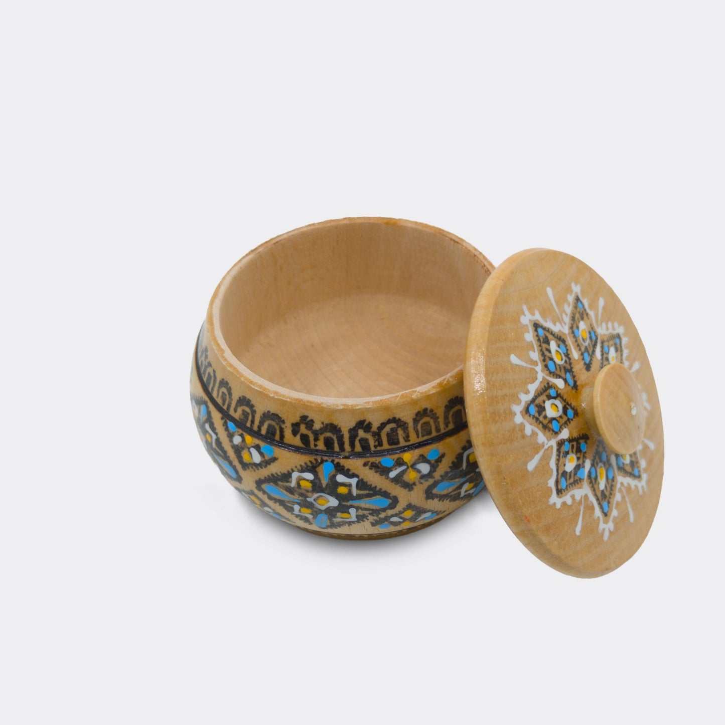 Boîte décorative en bois peinte à la main, motifs bleus. Petit objet décoratif d’atelier à usage quotidien. Modèle N° 2.