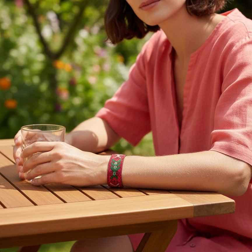 Bracelet rouge brodé en point croisé sur toile Panama, orné de motifs végétaux verts et roses, avec attaches en acier hypoallergénique