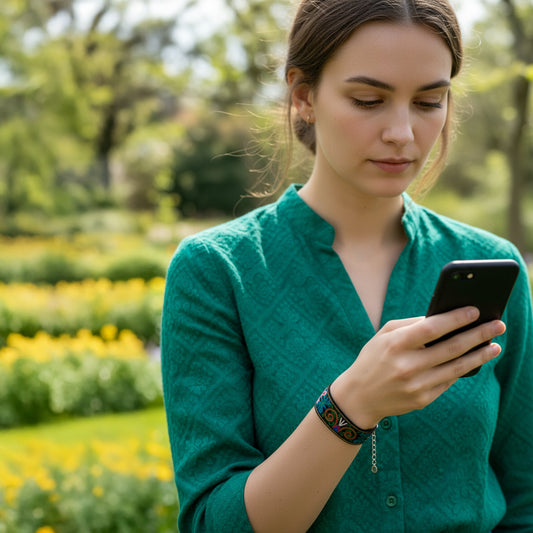 Bracelet noir en brocart de coton brodé de fils rouges et verts, motifs balkaniques