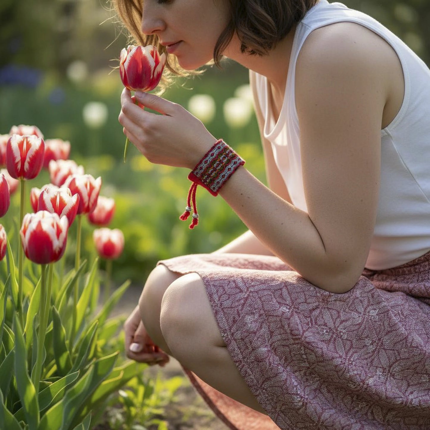 Bracelet d'inspiration balkanique, mélange de fils colorés, rouges, blancs, verts. Vue en extérieur.