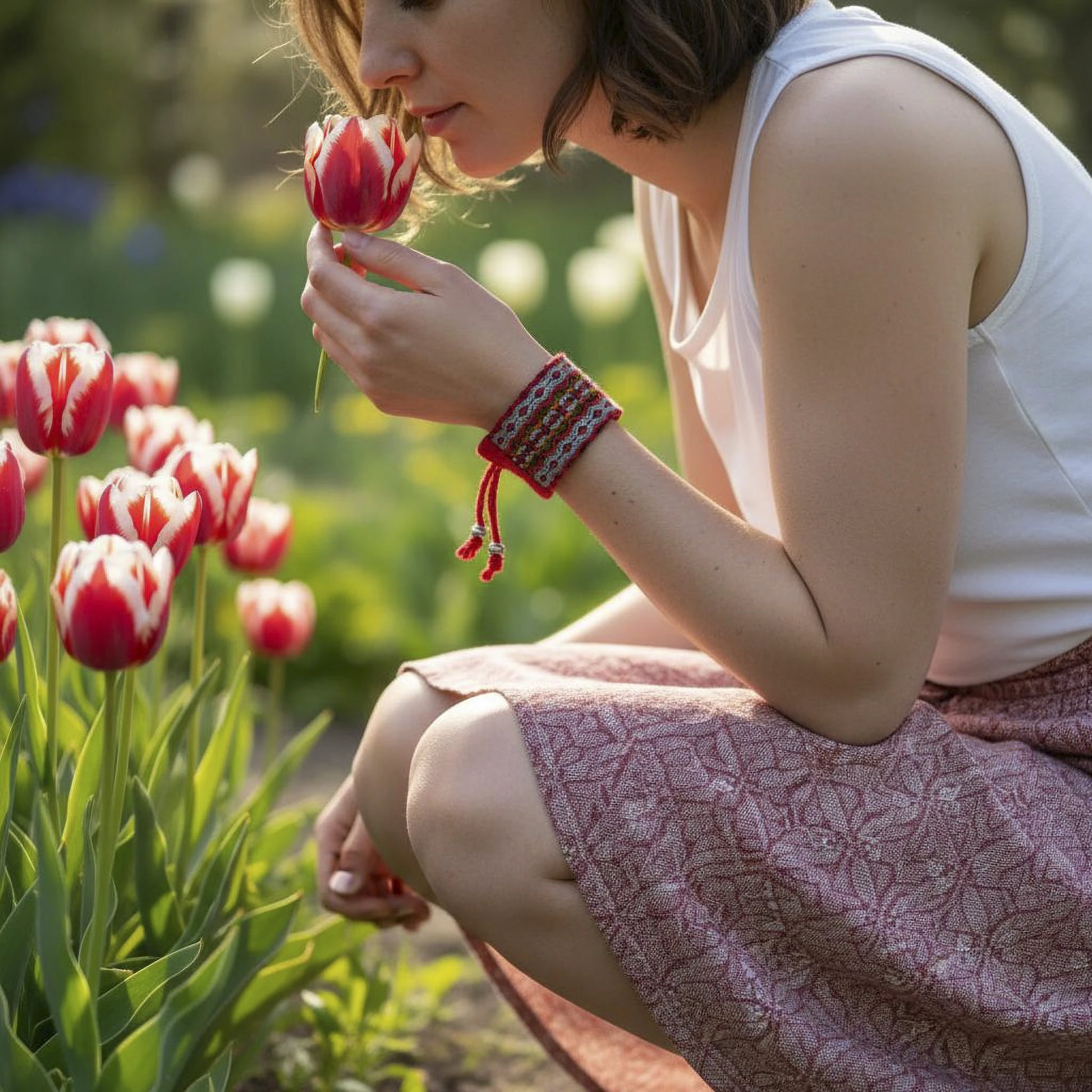 Bracelet d'inspiration balkanique, mélange de fils colorés, rouges, blancs, verts. Vue en extérieur.