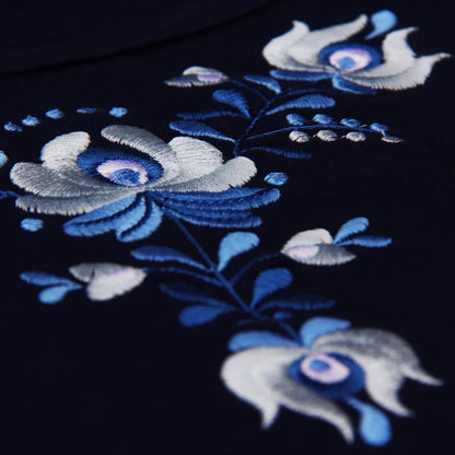 Vue en détail de la broderie hongroise de type Matyó aux nuances bleues et blanches.