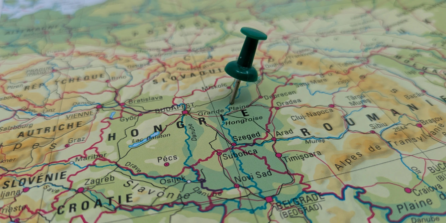 Carte de l'Europe de l'Est centrée sur la Hongrie épinglée.