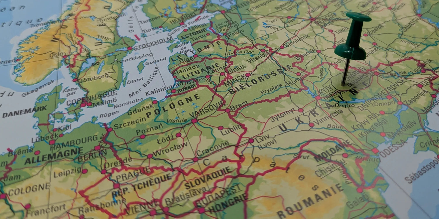 Carte de l'Europe orientale où est représentée l'Ukraine