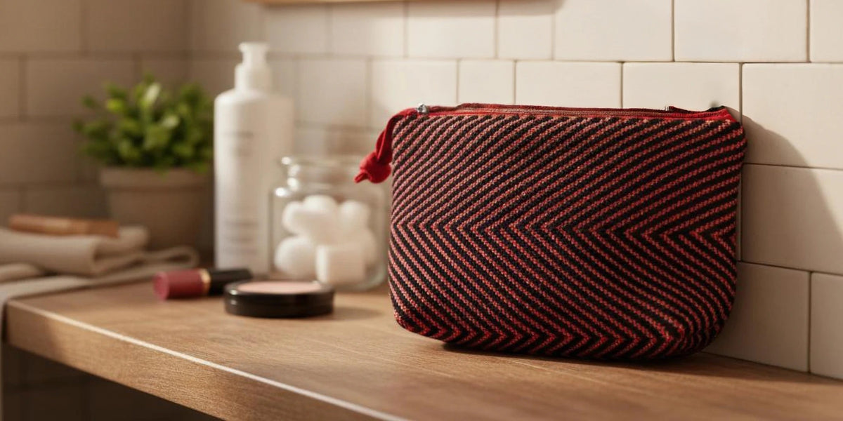 Trousse de toilette rouge en tissage chevron, entièrement tissée à la main.
