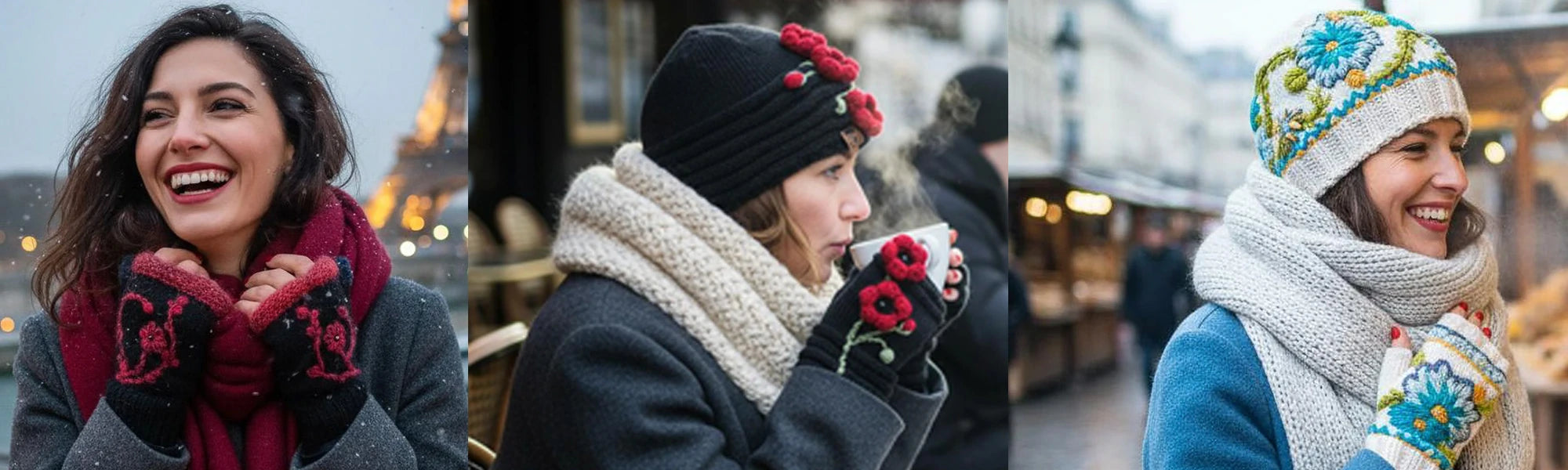 Diaporam de mitaine et gants en contexte. plusieurs modèles d egants et de bonnets présentés par 3 jeunes femmes 