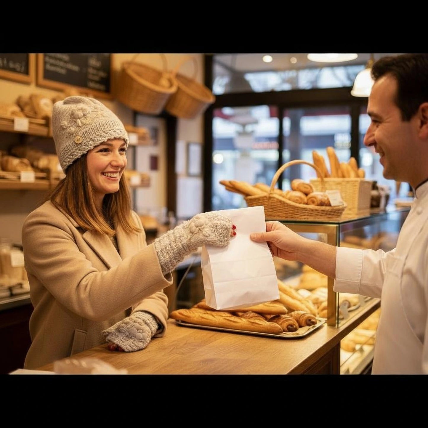 Mitaines grises faites main portées avec bonnet assorti, broderies florales beige-écru.