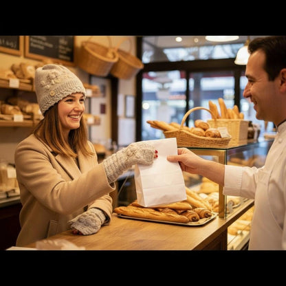 Mitaines grises faites main portées avec bonnet assorti, broderies florales beige-écru.
