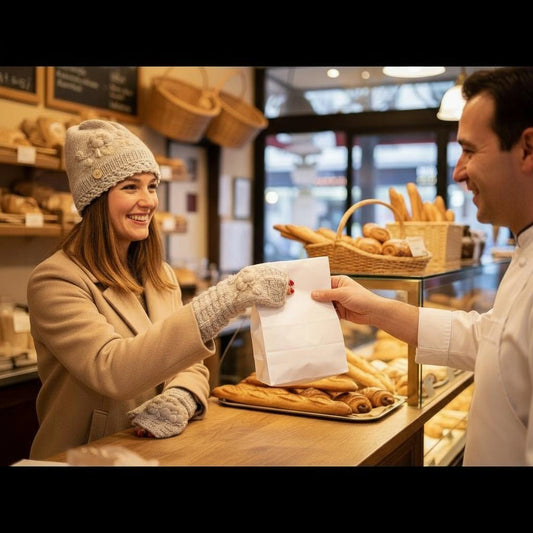 Mitaines grises faites main portées avec bonnet assorti, broderies florales beige-écru.