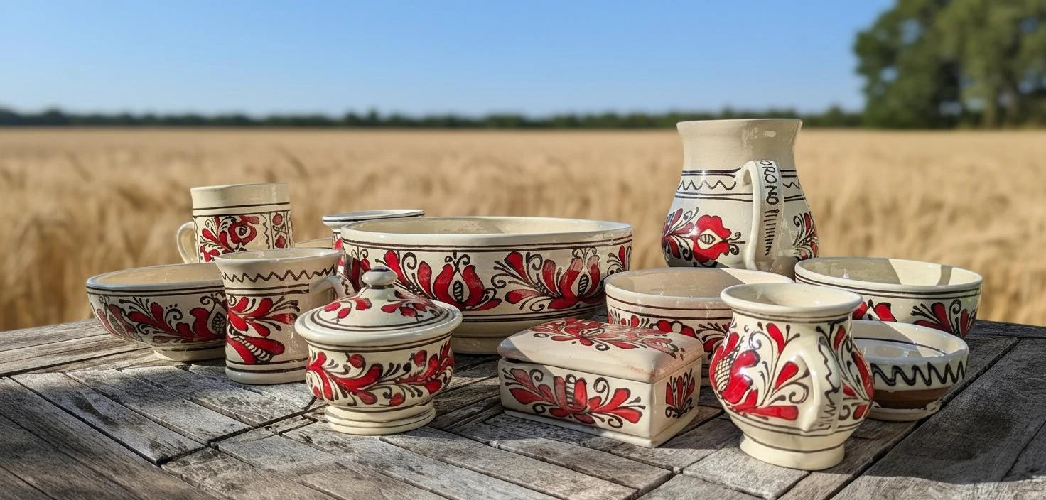 Ensemble des céramiques de Corund avec des décors floraux rouges. Comprenant des bols, tasses et objets décoratifs