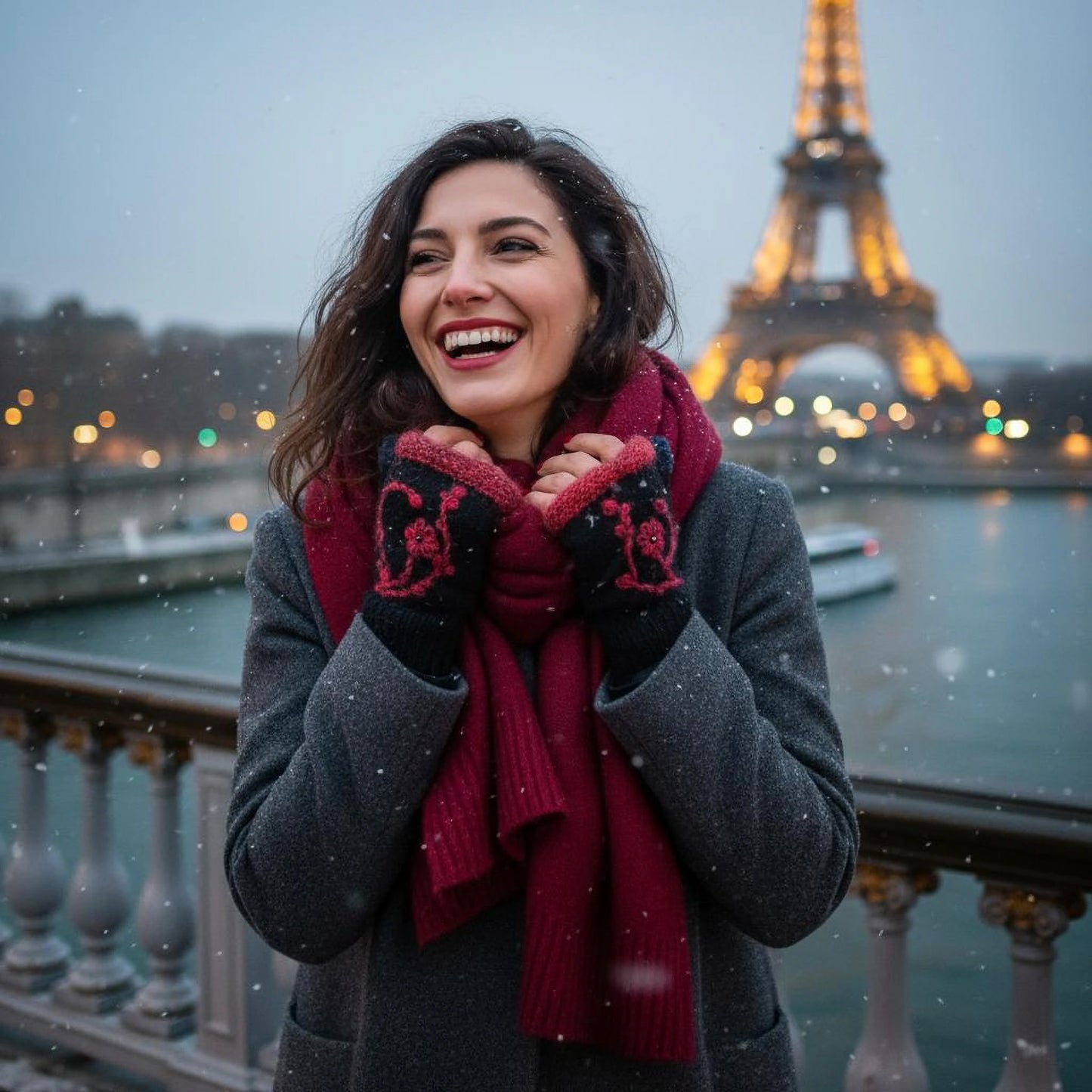 Paire de mitaines artisanales noires avec une fleur stylisée crochetée ton rouille. Vue extérieure