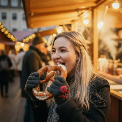 Gants noirs maille jersey, chardon pourpre stylisé crocheté appliqué sur la maille, vue en extérieur