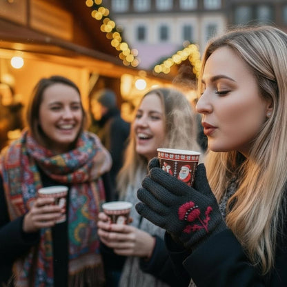 Modèle de gants noirs tricotés main, chardon pourpre brodé sur maille avec perles noires, vue en extérieur