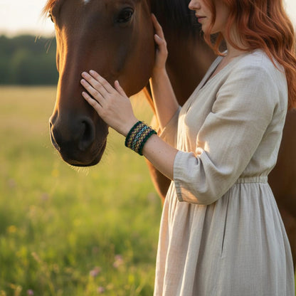 Bracelet tissé à dominante verte et à trame serrée. Fermoirs à billes doré