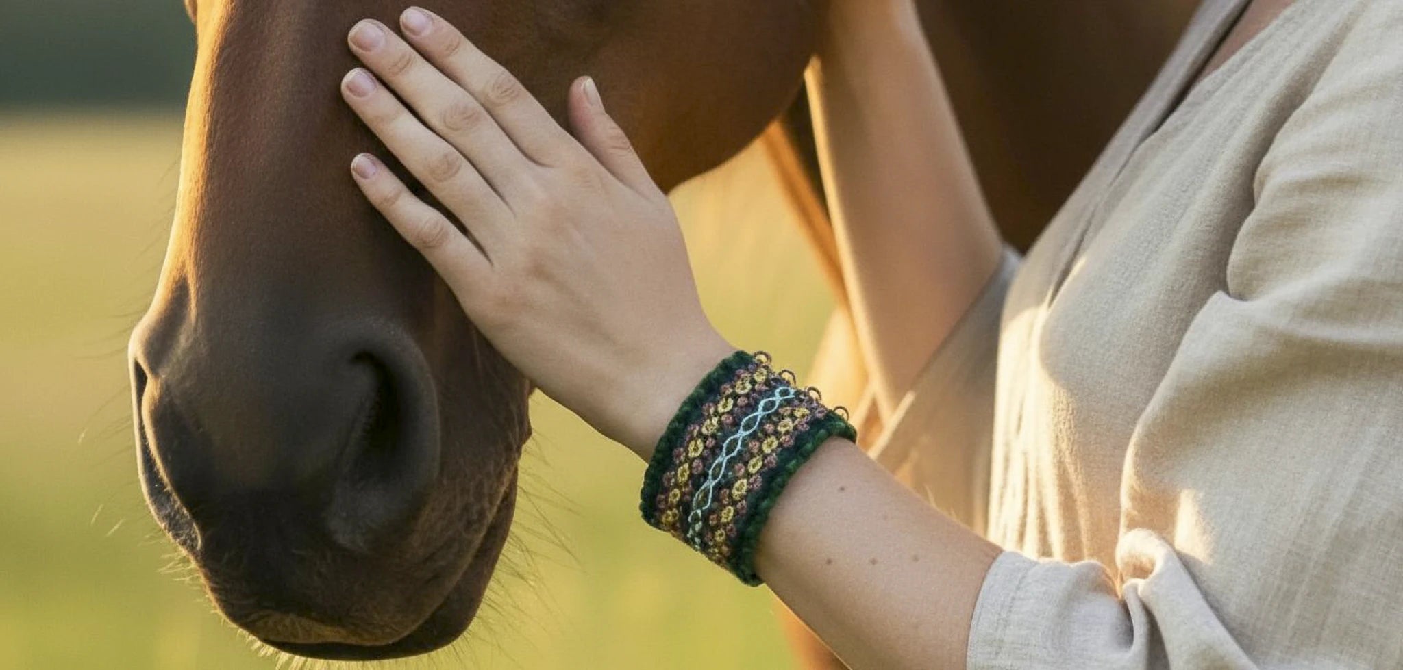 Image de collection, représentant une femme portant un bracelet tissé à dominante verte.