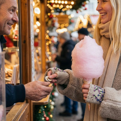 Mitaines gris clair à fleurs mauves portées en fête foraine, avec barbe à papa rose et paiement au stand.