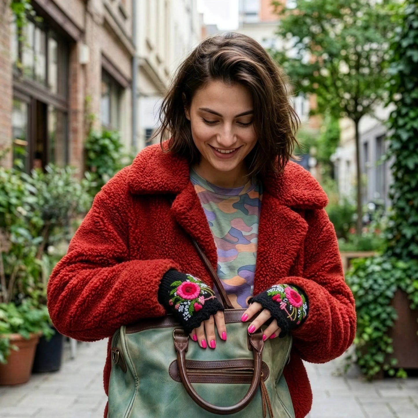 Mitaines artisanales noires à fleur rose appliquée, portées par une jeune femme au style artiste dans une rue végétalisée.