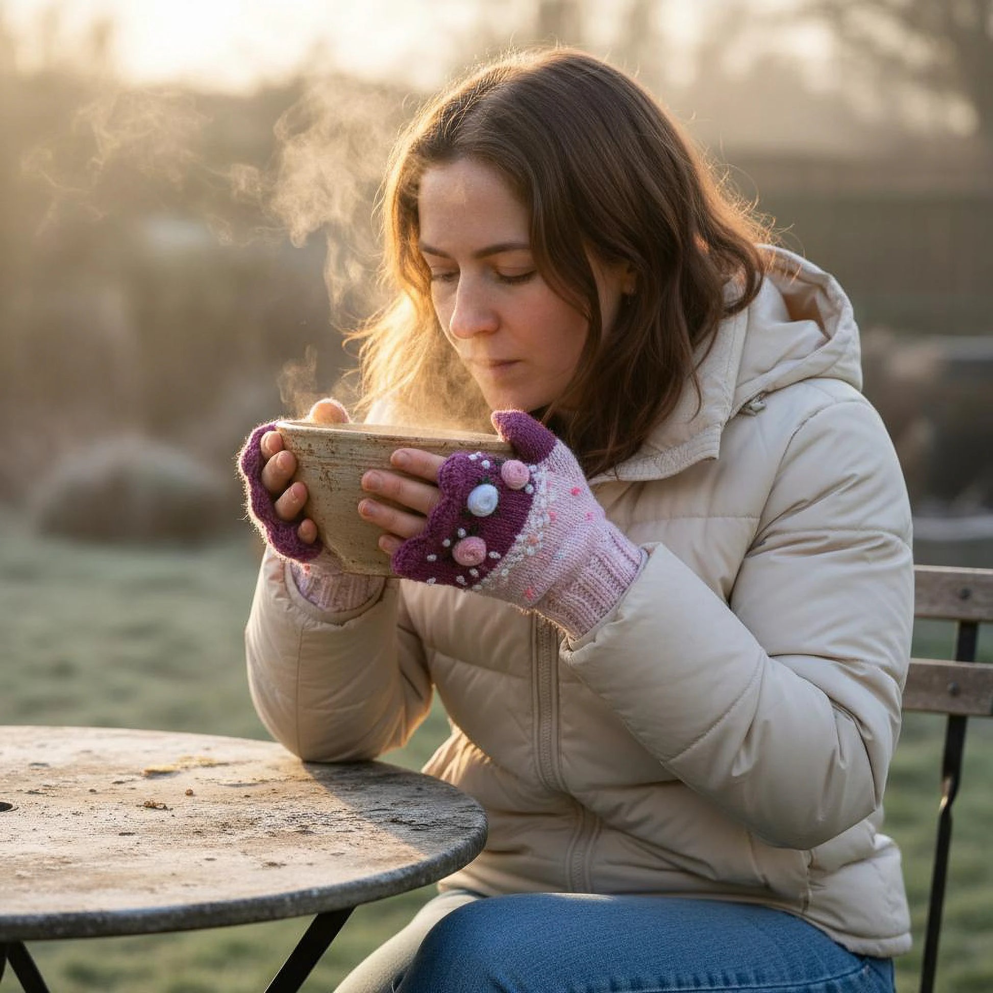 Mitaines roses portées, décor floral crocheté pastel, maille douce et féminine.