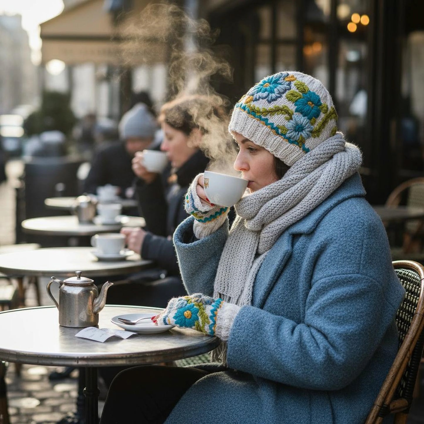 Mitaines et bonnet tricotés main, fond blanc cassé, décor floral bleu et turquoise.