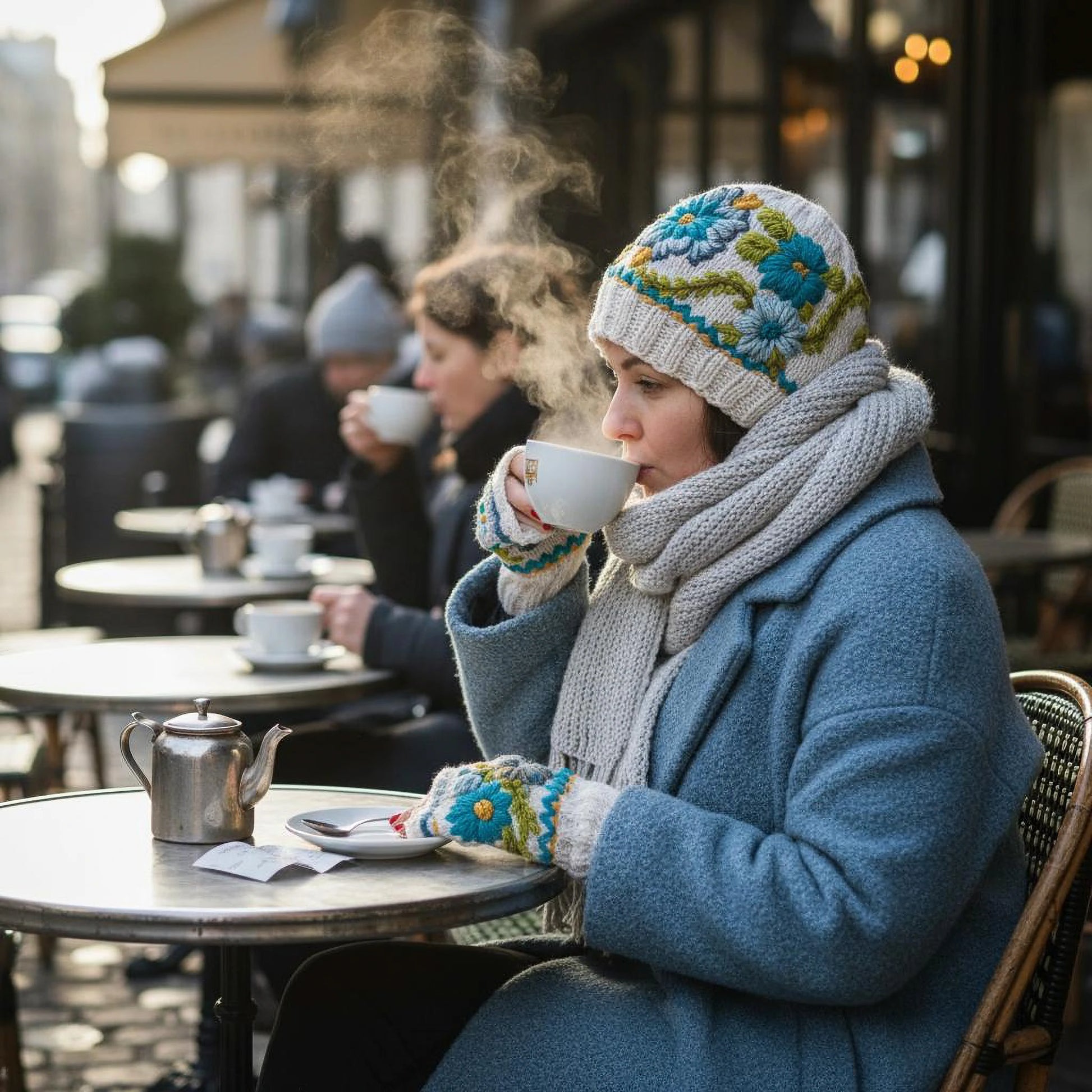 Mitaines et bonnet tricotés main, fond blanc cassé, décor floral bleu et turquoise.