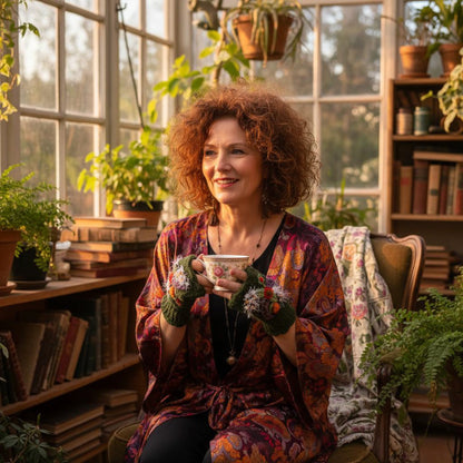 Mitaines florales artisanales vert olive, finition festonnée et motif violet en relief.