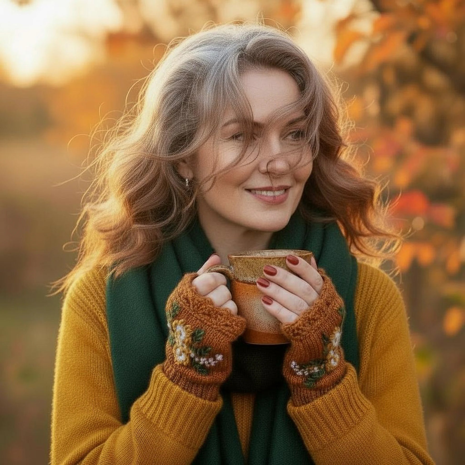 Mitaines brun cuivré, portées par une femme dans un décor automnal, décor floral jaune et blanc crocheté main.